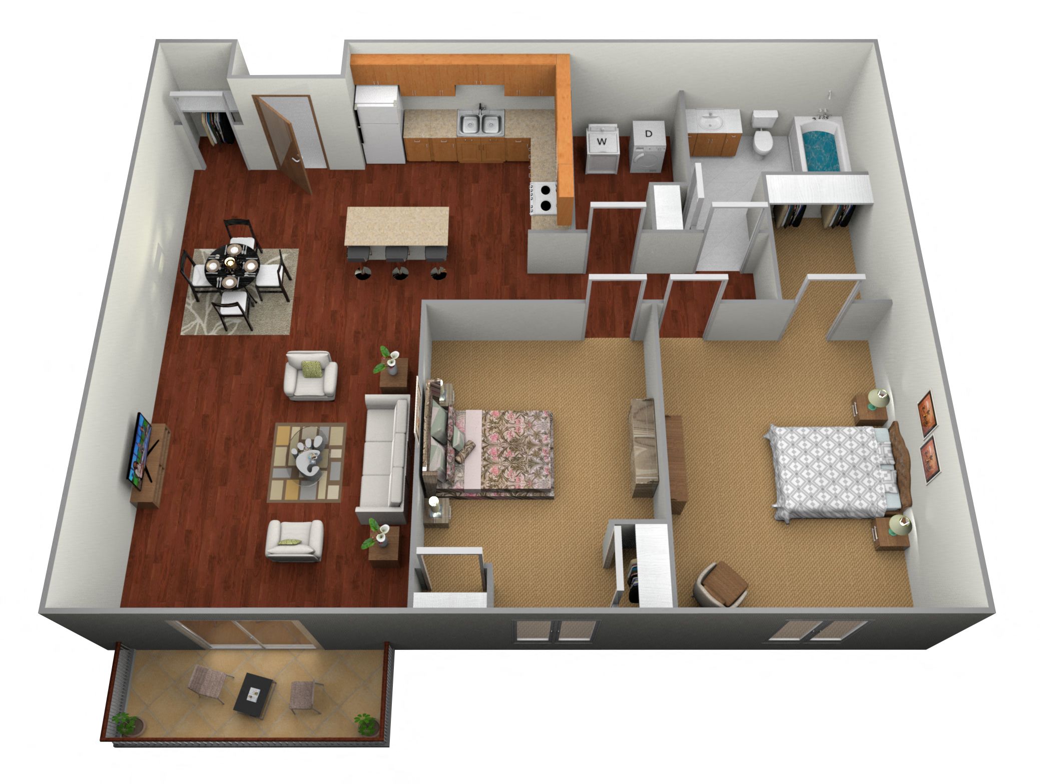 Floor plan for 2 beds, 1 bath, 1015 sqft